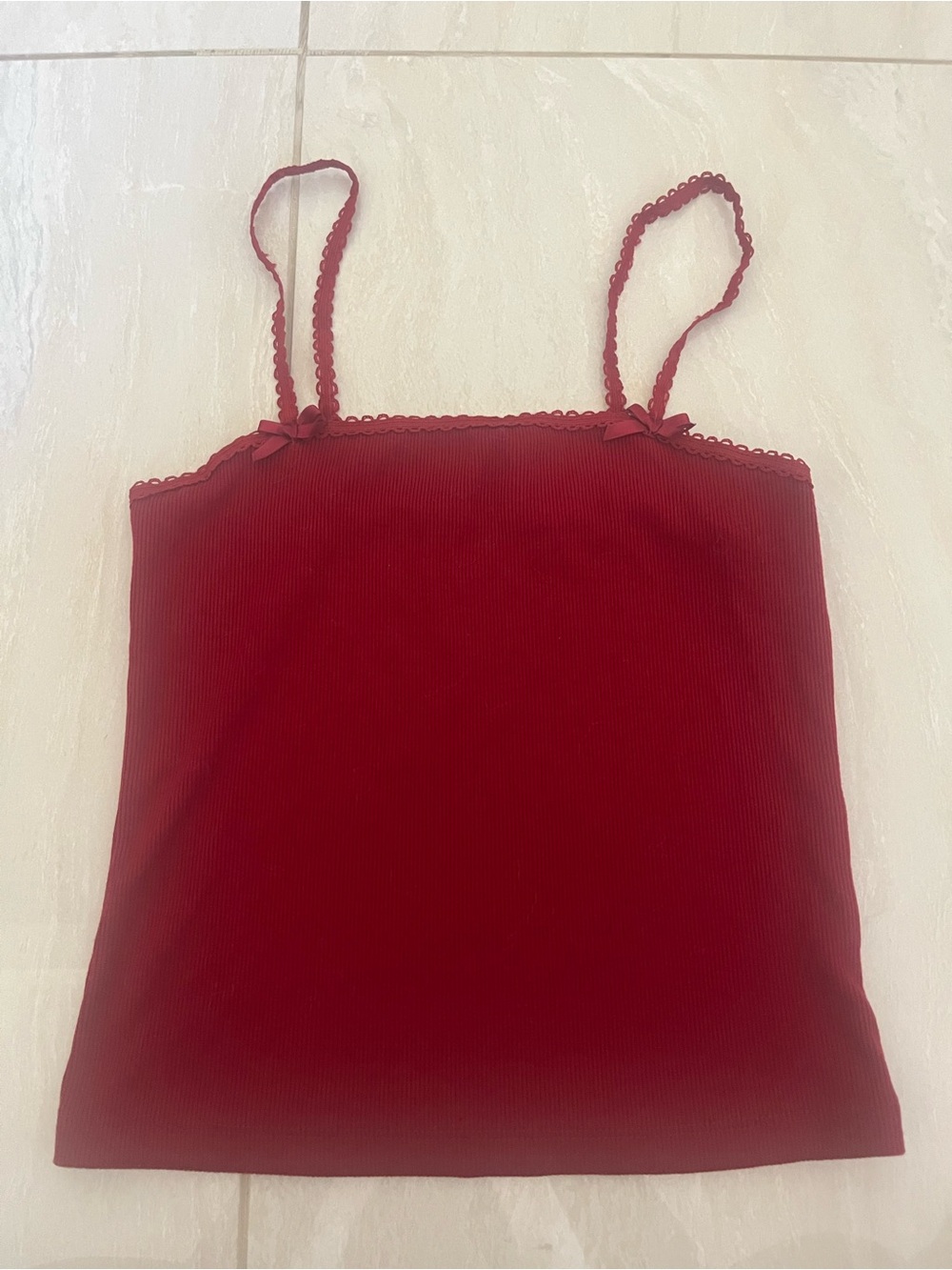 American Eagle Outfitters Red Ribbed Lace-Trim Cami